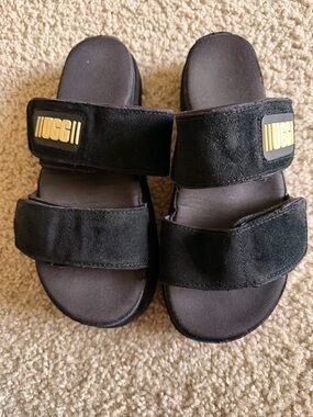 UGG Black Suede Double-Strap Slide Sandals with Gold Logo